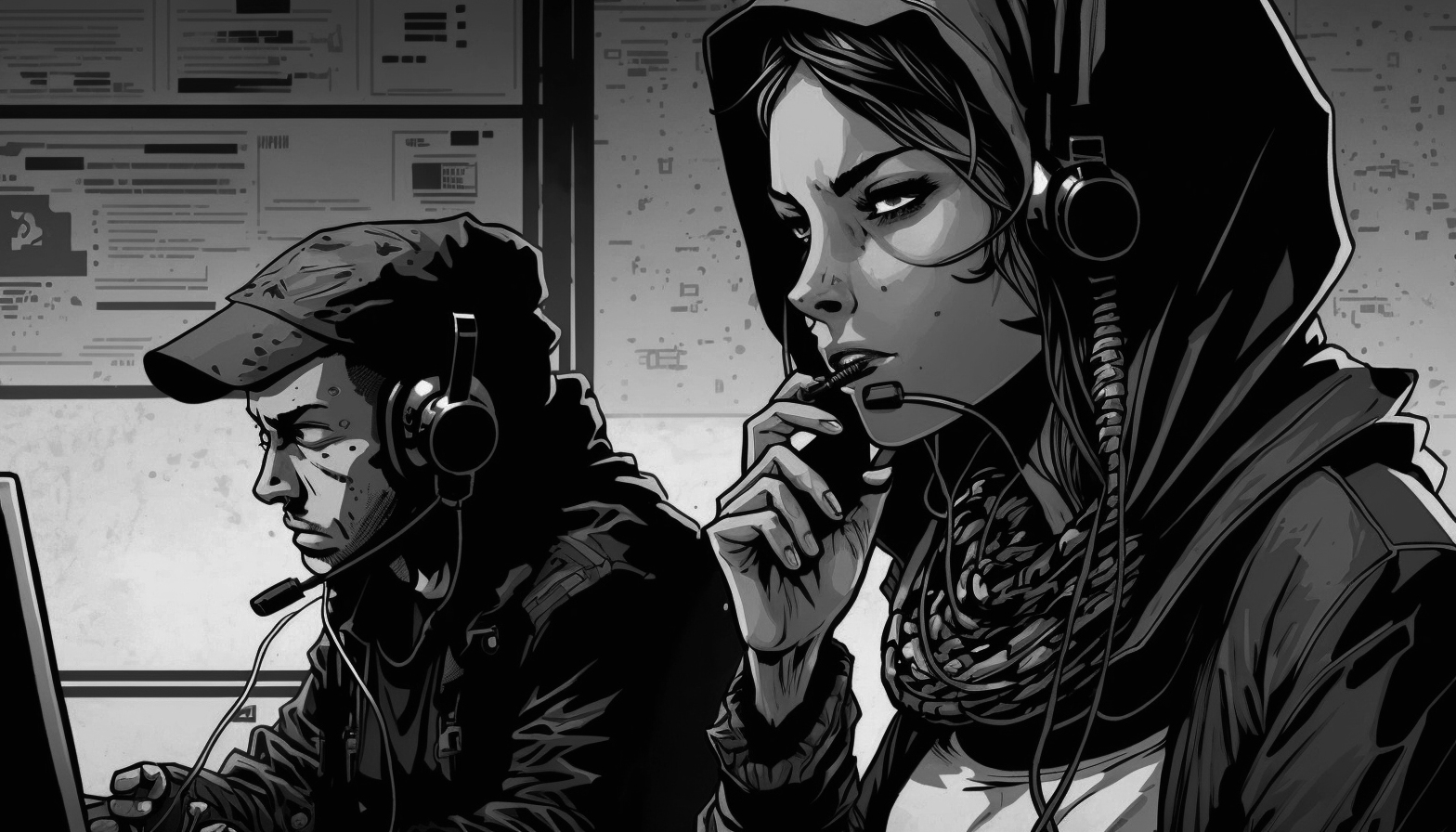 buddobot_female_and_male_hacker_taking_call_customer_service_gr_7e51f5bd-8d05-4fae-b3b3-62315a256a59
